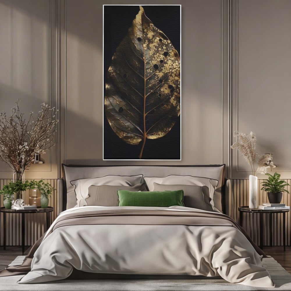 Tablou canvas cu tablou canvas cu frunza uscata, in rama de aluminiu argintiu, pe perete intr-un dormitor